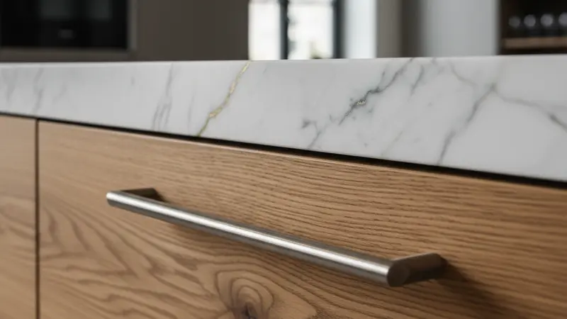 Nahaufnahme von Premium-Küchenmaterialien: weißer Calacatta-Marmor, Eichenholz, gebürsteter Edelstahl