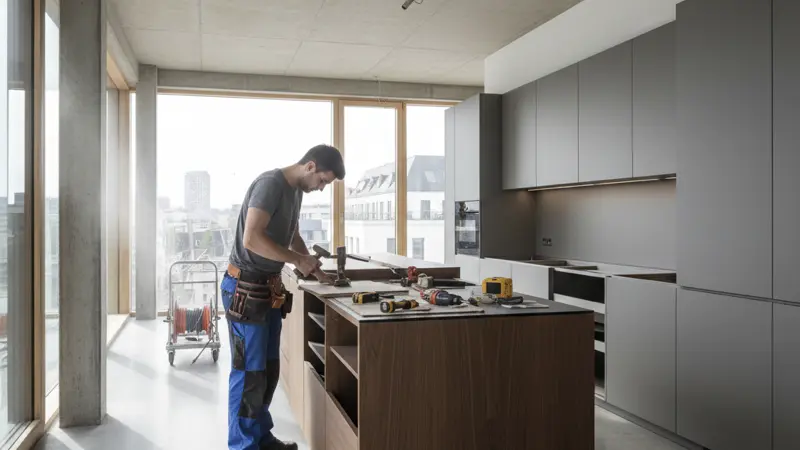 Fachhandwerker montiert einen maßgefertigten Küchenschrank in einer Luxusküche, Präzisionsarbeit