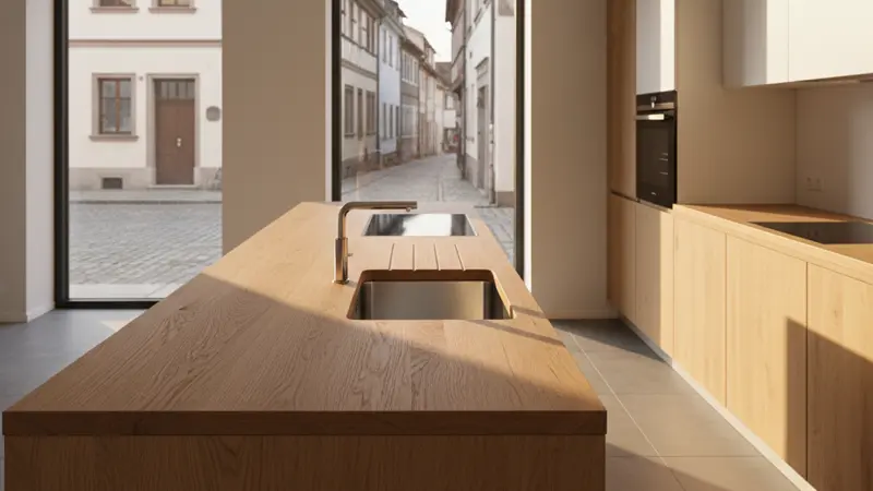 Massivholz-Arbeitsplatte aus Eiche mit integriertem Spülbecken in einer modernen Küche