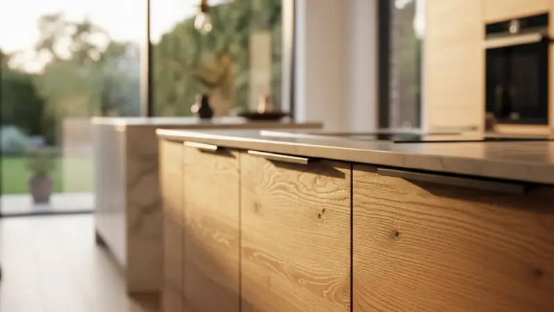 Nahaufnahme einer Massivholzküche aus Eiche mit sichtbarer Maserung und gebürsteter Oberfläche