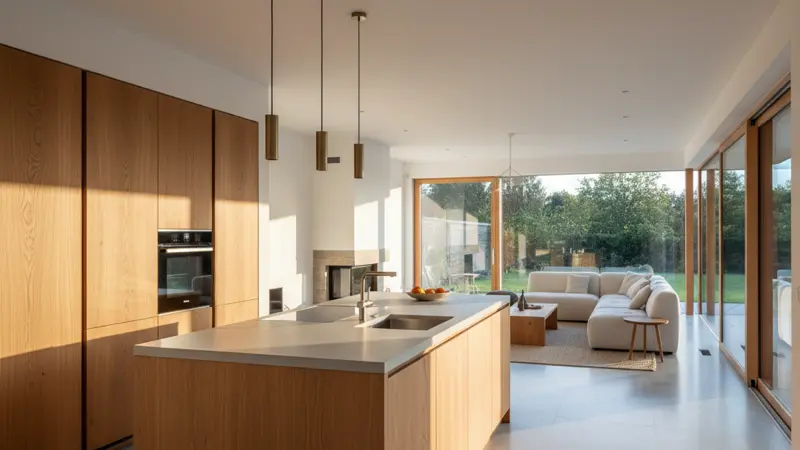 Moderne Massivholzküche mit Eichenholzfronten in einem hellen offenen Wohnraum