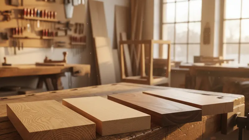 Verschiedene Holzmuster von Eiche, Buche, Nussbaum und Kirschbaum nebeneinander auf einer Werkbank