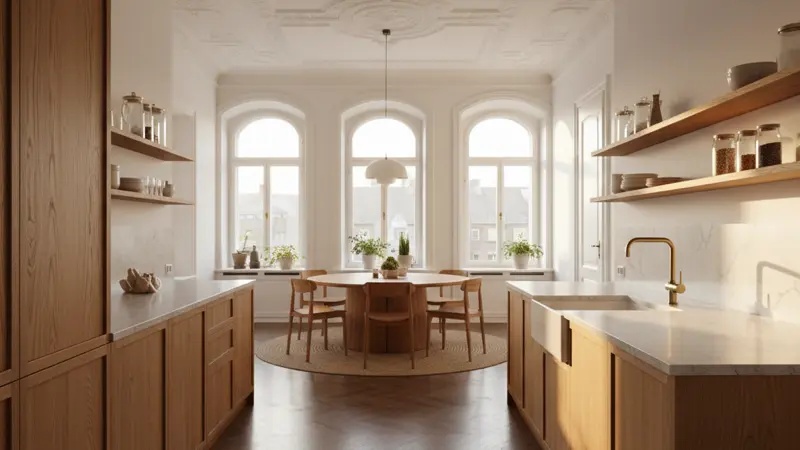 Massivholzküche in einem sanierten Altbau mit hohen Decken und Fischgrätparkett