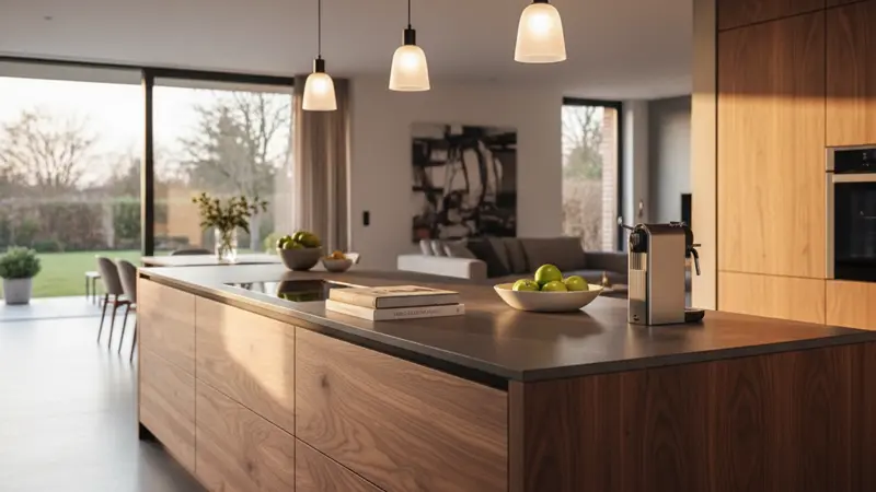 Moderne Massivholzküche mit großer Kochinsel aus Nussbaumholz in einer offenen Wohnküche