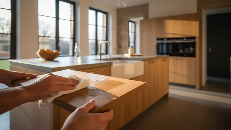 Nahaufnahme einer Hand, die eine Eichenholz-Küchenfront mit Leinöl pflegt