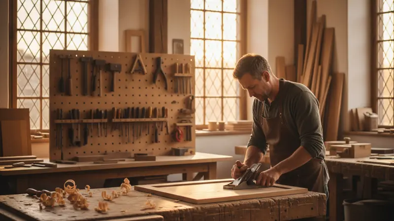 Schreiner bei der Fertigung einer Massivholz-Küchenfront in einer traditionellen Werkstatt