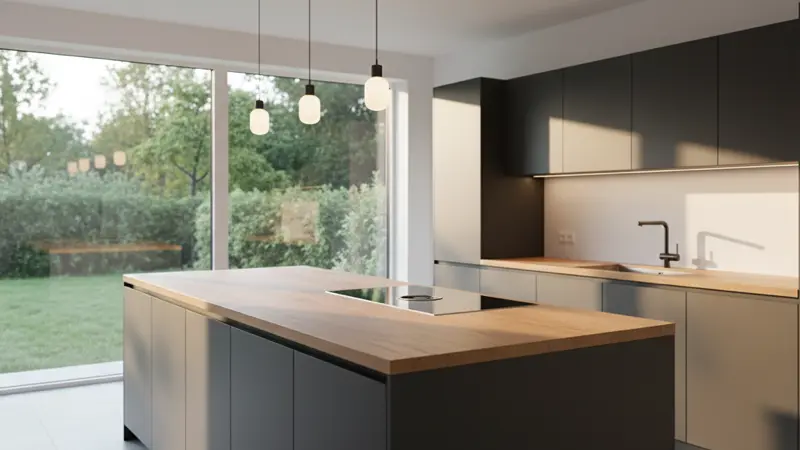 Moderne matte Küche in Schiefergrau mit Eichenholz-Arbeitsplatte und Kochinsel in einem hellen deutschen Einfamilienhaus