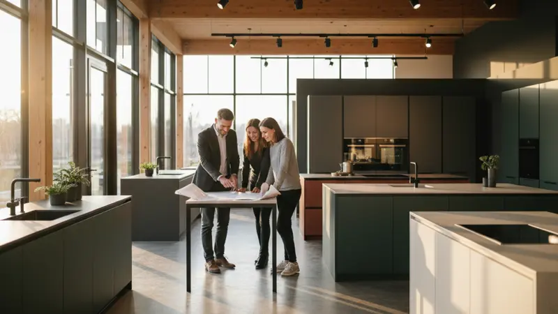 Deutsches Küchenstudio mit Ausstellung verschiedener matter Küchenfronten und Beratungsgespräch