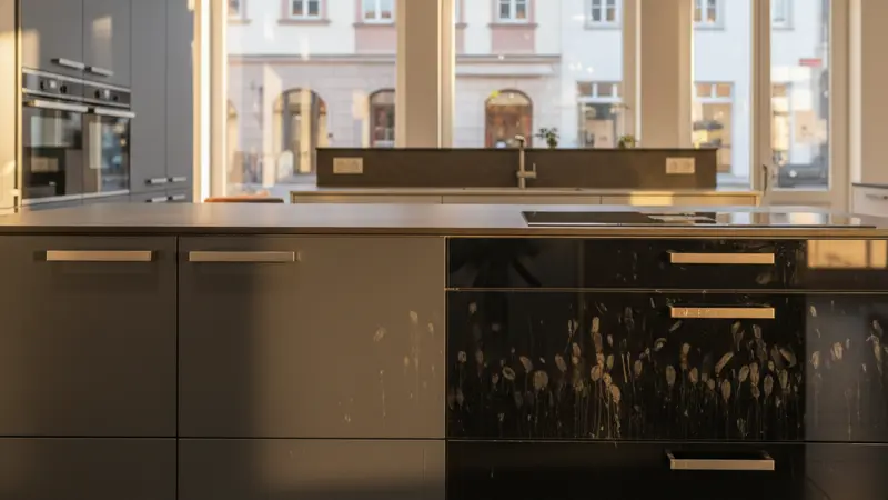 Vergleich matte und hochglänzende Küchenfronten nebeneinander im Küchenstudio