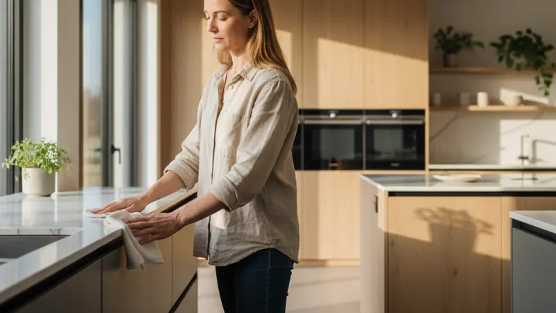 Reinigung einer matten Küchefront mit weichem Mikrofasertuch und lauwarmem Wasser