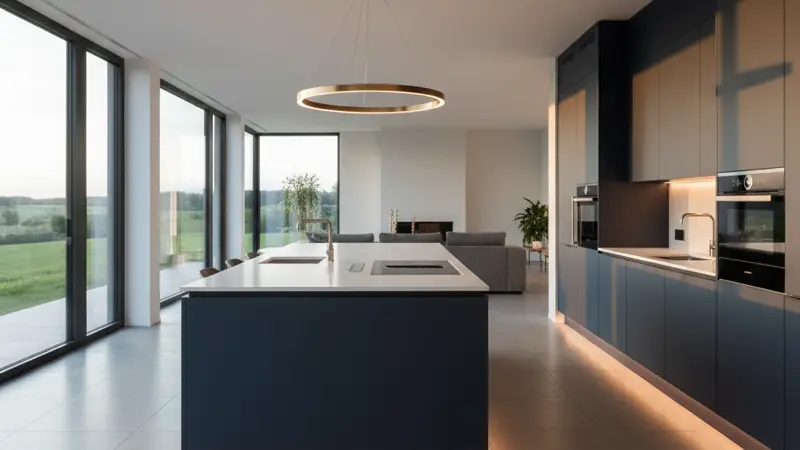 Premium Samtmatt Küche in Dunkelblau mit Kochinsel und Quarzarbeitsplatte