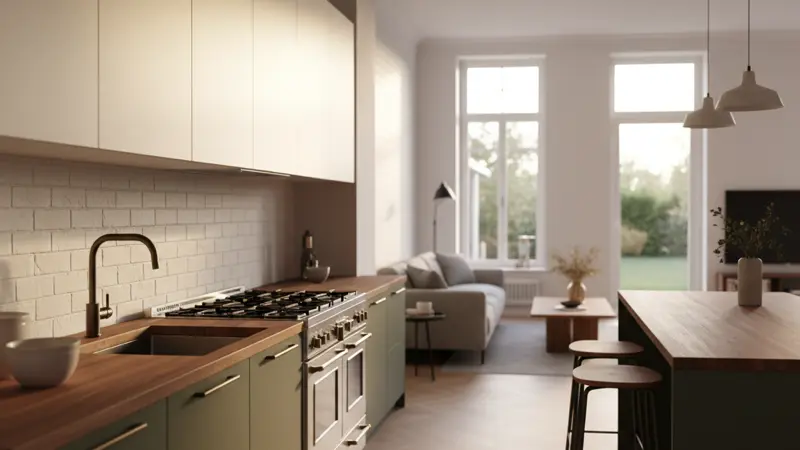 Elegante zweifarbige matte Küche mit olivgrünen Unterschränken und cremefarbenen Oberschränken, Nussbaum-Arbeitsplatte