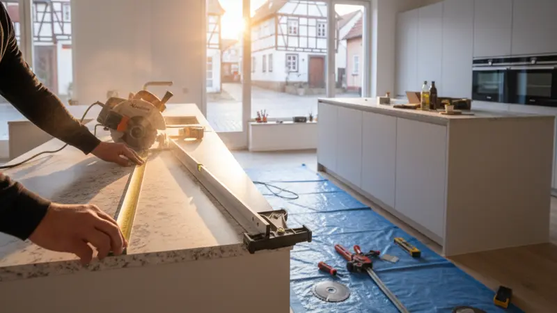 Fachmann schneidet eine Küchenarbeitsplatte passgenau zu