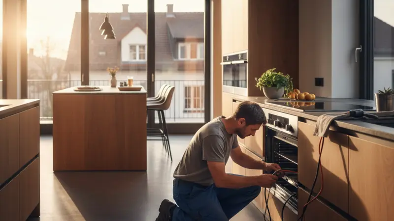 Elektriker installiert den Herdanschluss hinter einer Einbauküche
