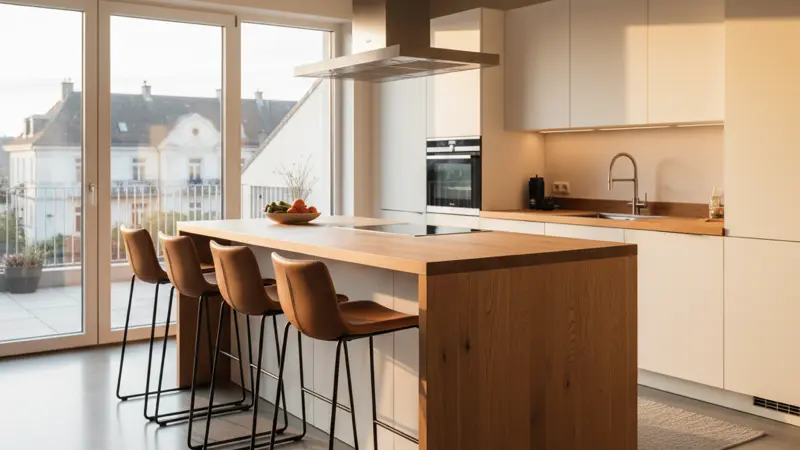 Fertig montierte moderne Küche mit Kochinsel und natürlichem Licht