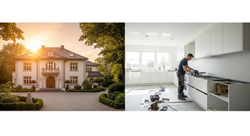 Professioneller Küchenmonteur beim Einbau einer modernen Einbauküche in einem deutschen Haushalt