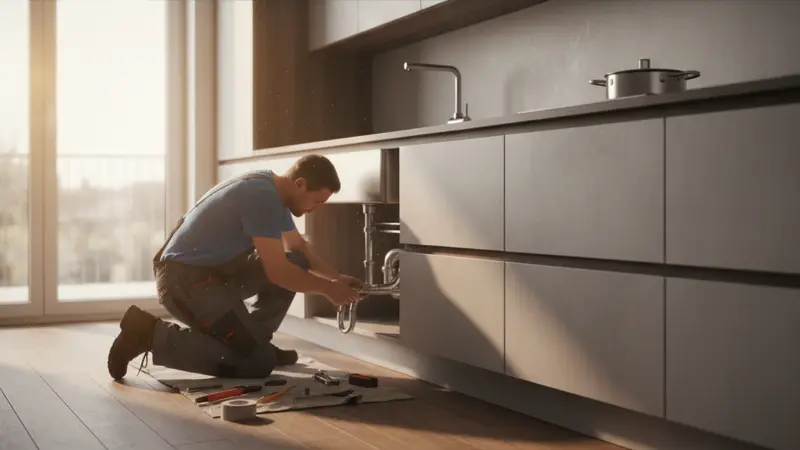 Installateur arbeitet an den Wasseranschlüssen unter einer Küchenspüle