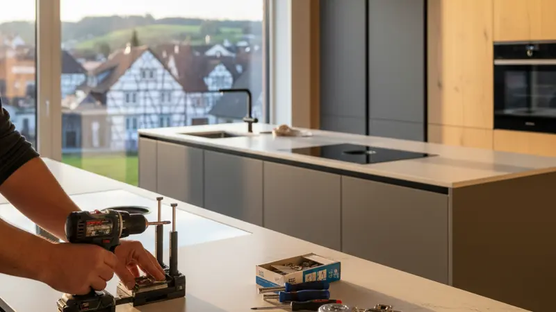 Detailaufnahme der Schrankmontage mit Scharnieren und Werkzeug bei einer Kücheninstallation
