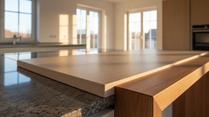 Verschiedene Küchenarbeitsplatten-Materialien: Granit, Quarzkomposit, Laminat und Massivholz in der Nahaufnahme