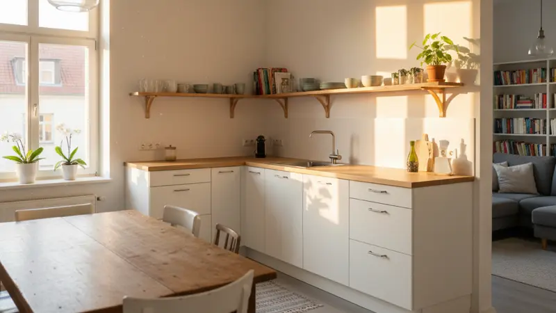 IKEA Küche im skandinavischen Stil mit weißen METOD Fronten und Holzarbeitsplatte in einer deutschen Mietwohnung