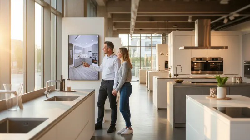 Küchenplaner im Küchenstudio berät ein Paar bei der 3D-Küchenplanung am Bildschirm