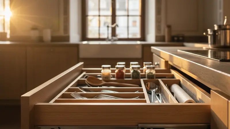 Detailaufnahme einer Küchenschublade mit hochwertigen Soft-Close Vollauszügen und Innenorganisation