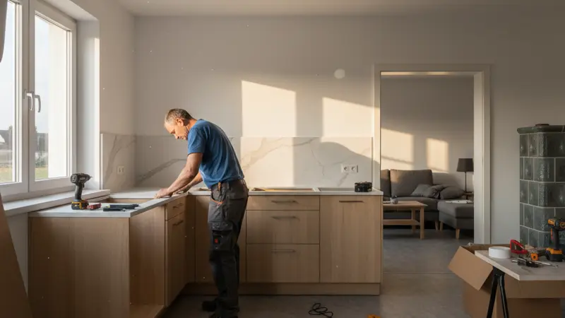 Professioneller Küchenmonteur installiert Einbauküche in einem deutschen Einfamilienhaus