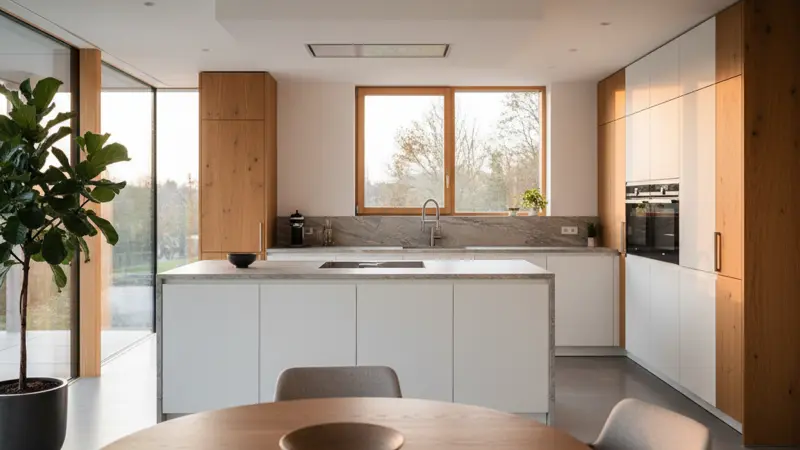Moderne offene Einbauküche in Weiß und Eichenholz-Optik mit Kochinsel in einem hellen deutschen Einfamilienhaus