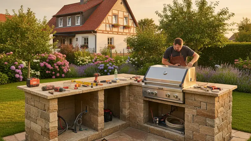 Fachmann installiert einen Einbau-Gasgrill in eine Outdoor-Küchen-Insel aus Stein