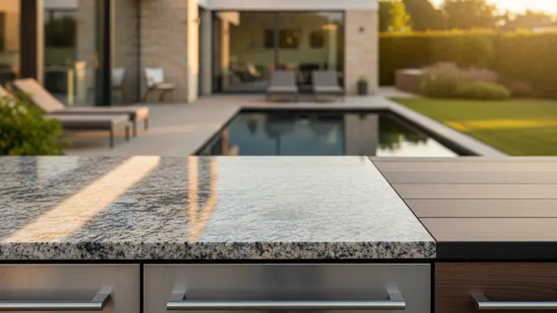 Nahaufnahme von Outdoor-Küche-Materialien: Edelstahl, Granit und HPL-Platten nebeneinander