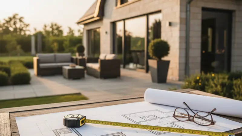 Planungsskizze einer L-förmigen Outdoor Küche auf Papier mit Maßstab und Bleistift
