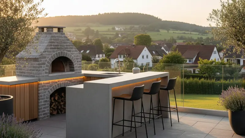 Luxuriöse Outdoor Küche mit Pizzaofen, Bar und LED-Beleuchtung auf moderner Terrasse