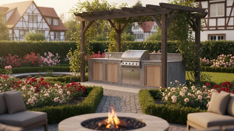 Moderne Outdoor Küche mit Edelstahlgrill, Steinarbeitsplatte und Holzpergola in einem deutschen Garten