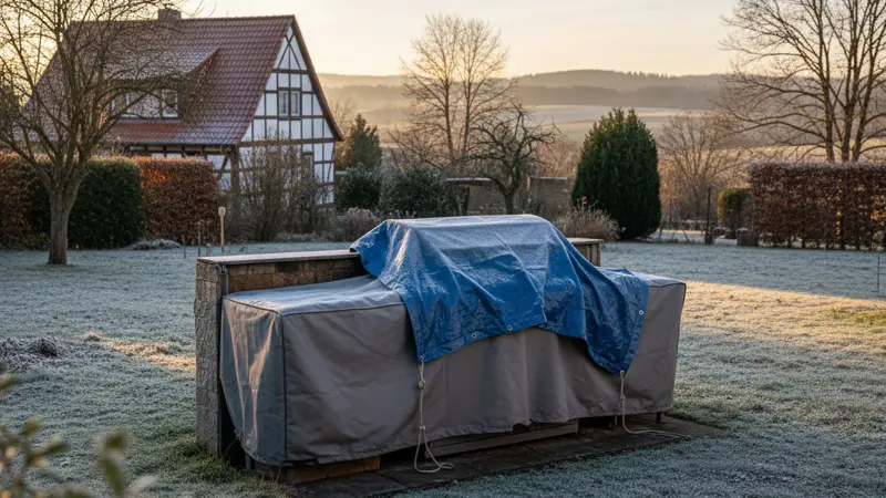 Outdoor Küche mit Schutzhaube im Winter, Frost auf dem Boden, deutscher Garten