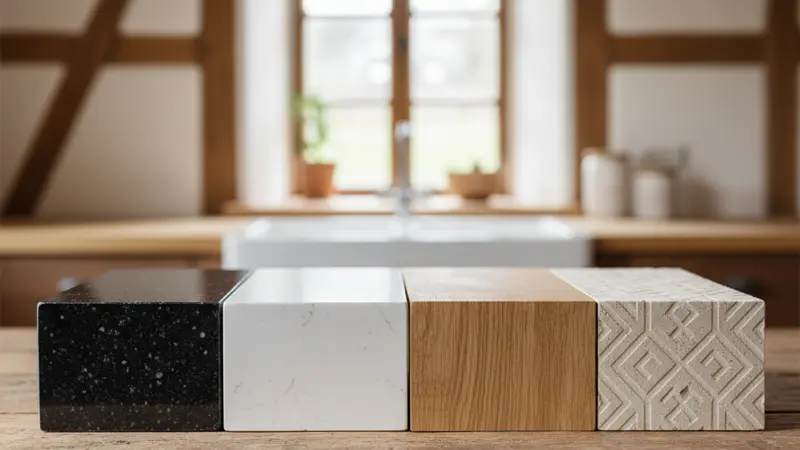 Verschiedene Arbeitsplatten-Materialien: Granit, Quarz, Holz, Keramik nebeneinander