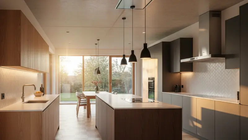 Moderne Küchenbeleuchtung mit Deckenleuchte, Unterschrankbeleuchtung und Pendelleuchten