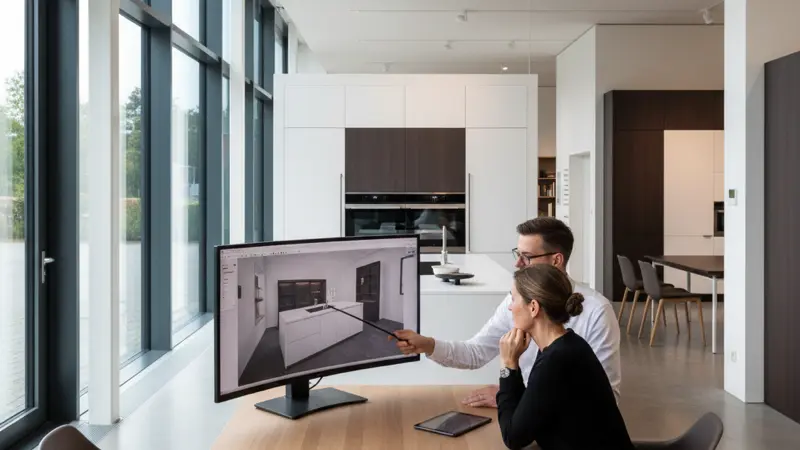 Küchenberater zeigt Kunden eine 3D-Planung am Bildschirm im Küchenstudio