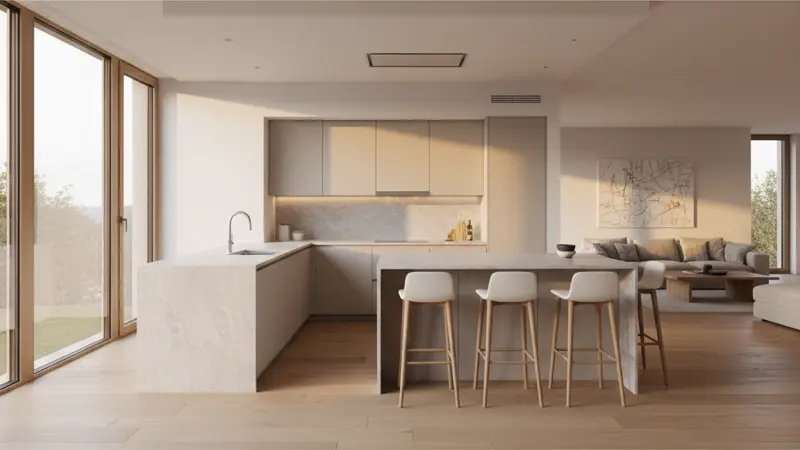 Moderne L-förmige Einbauküche mit hellen Fronten in einem offenen Wohnraum