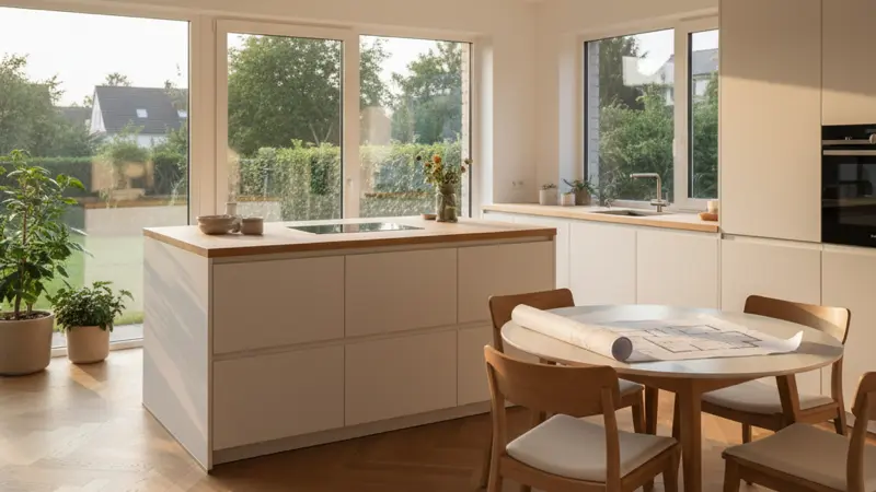 Moderne helle Einbauküche mit Kochinsel und Grundriss auf dem Tisch