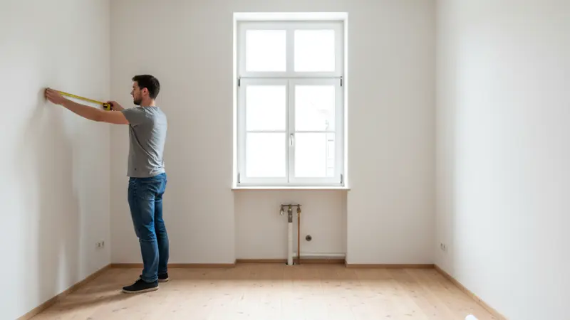 Person misst einen leeren Küchenraum mit Maßband aus