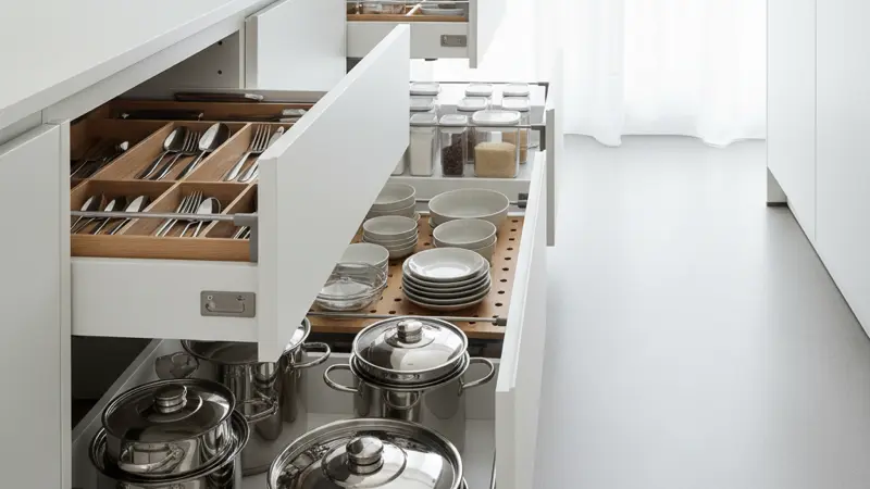 Geöffnete Küchenschubladen mit Ordnungssystem und Besteckeinsatz