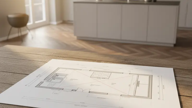 Architektonischer Grundriss einer Küche mit eingezeichnetem Arbeitsdreieck zwischen Spüle, Herd und Kühlschrank