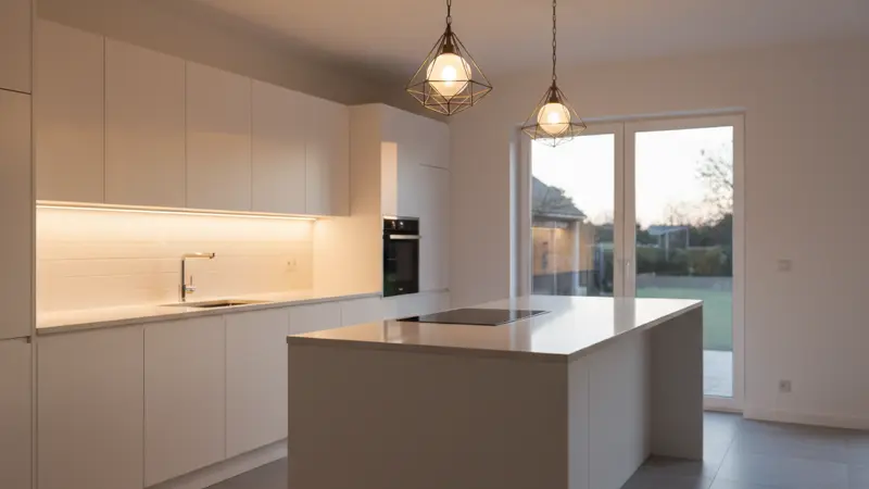 Moderne Küchenbeleuchtung mit LED-Unterbauleuchten und Pendelleuchten über der Kochinsel