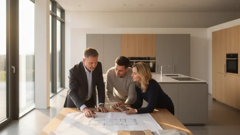 Küchenberatung im Küchenstudio mit Planer, Materialproben und Grundriss auf dem Tisch