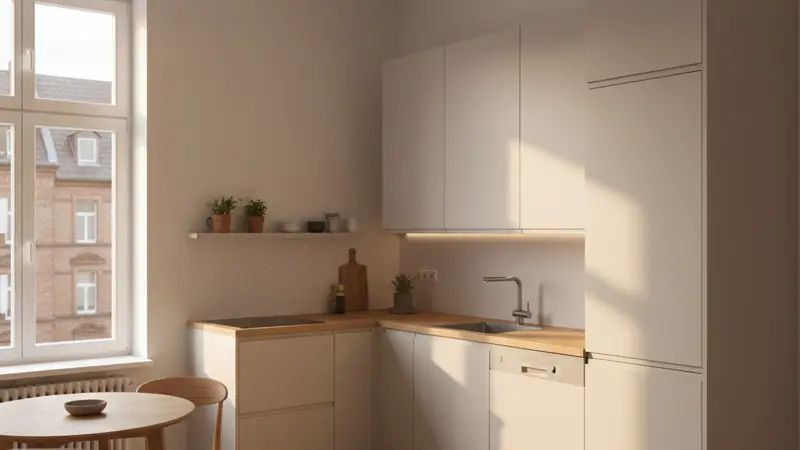 Kleine aber clever geplante L-Küche in einer deutschen Stadtwohnung mit platzsparenden Lösungen