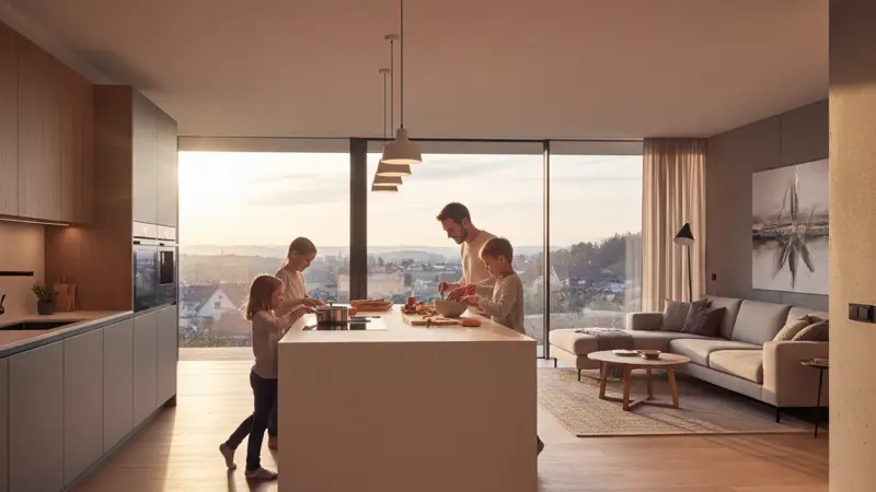 Moderne offene Wohnküche mit großer Kochinsel, Familie beim gemeinsamen Kochen