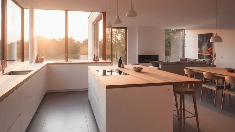 Moderne helle Einbauküche mit weißen Fronten und Holz-Arbeitsplatte in einem deutschen Einfamilienhaus