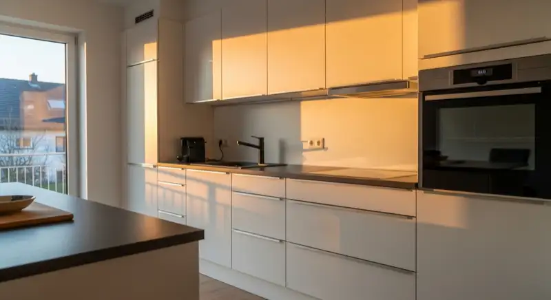 Moderne Küchenarbeitsplatte mit grifflosen Fronten, Schubladen und sauberer Einbauküche