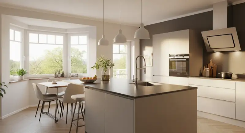 Helle L-Küche in einer Wohnung mit weißen Fronten, Backofen, Spüle, Arbeitsinsel und großem Fenster