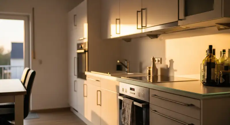 Moderne Einbauküche in einem deutschen Wohnhaus mit klarer Arbeitsplatte und Schränken